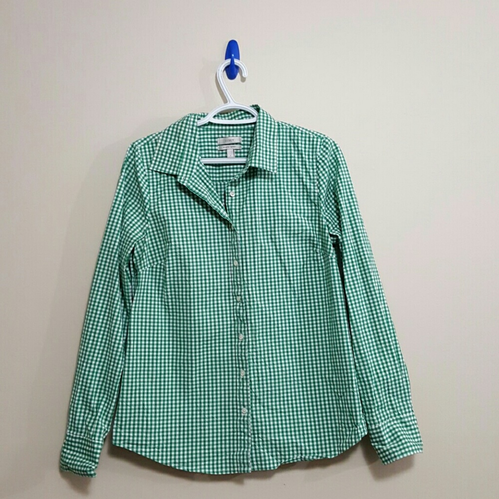 J-Crew M green checked stretch perfect blouse